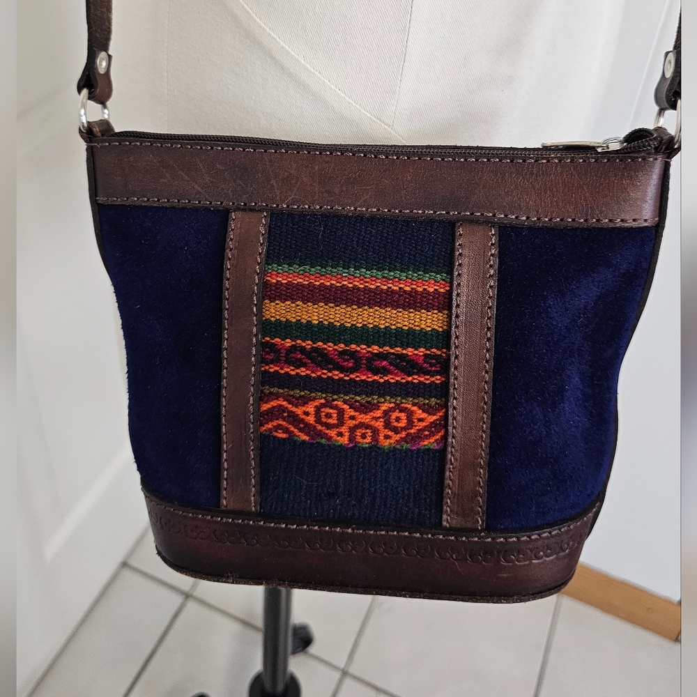 Bolivian Leather Suede Handmade Cross body Handbag Ethnic Boho Bohemian Peru